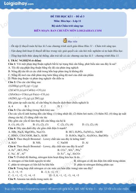 Đề thi giữa kì 1 Hóa 11 Chân trời sáng tạo - Đề số 3